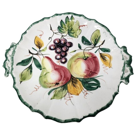 Vintage Italy Porcelain Fruit Design Serving Platter With Handles Hand Painted